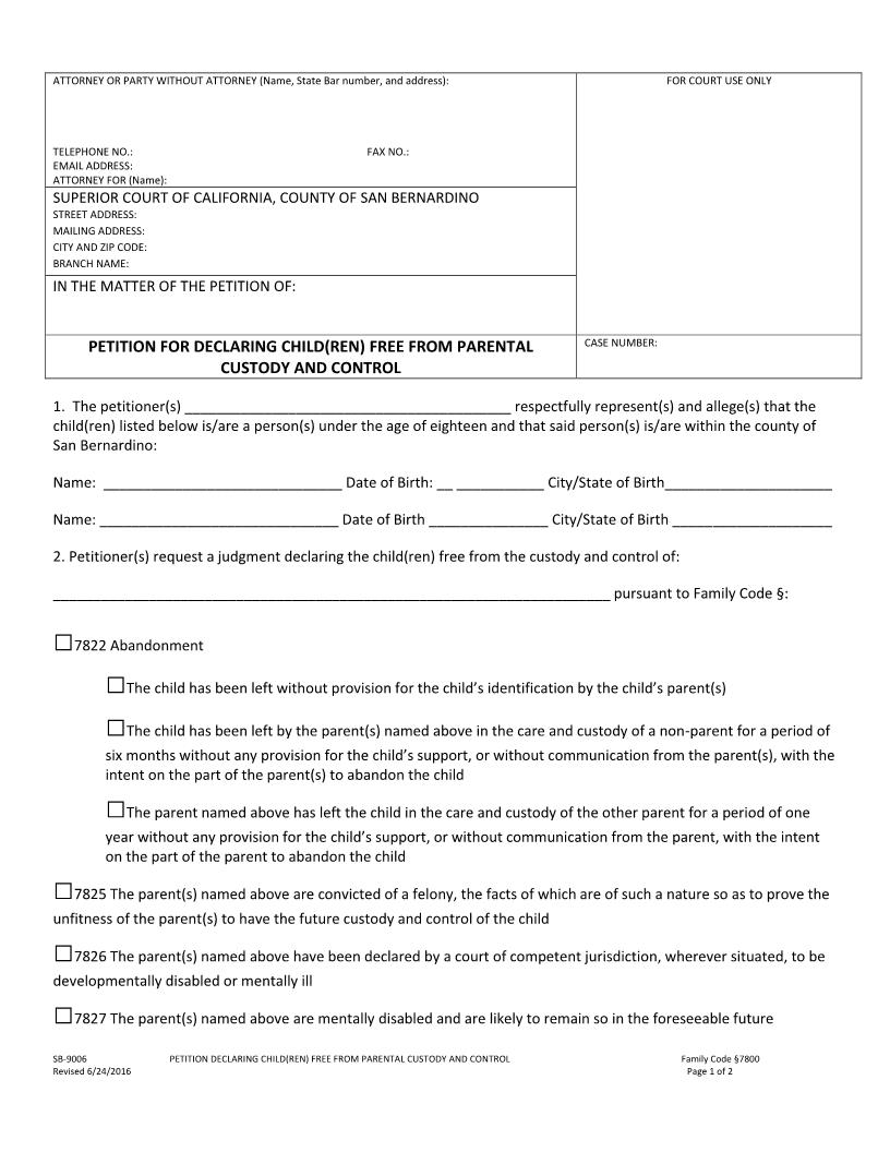 Petition Declaring Child(ren) Free From Parental Custody And Control {SB-9006} | Pdf Fpdf Doc Docx | California