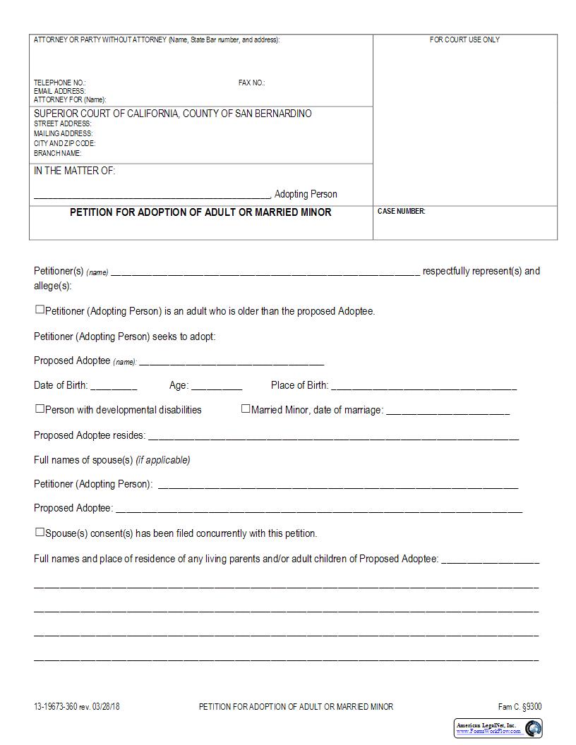 Petition For Adoption Of Adult Or Married Minor {13-19673-360} | Pdf Fpdf Docx | California