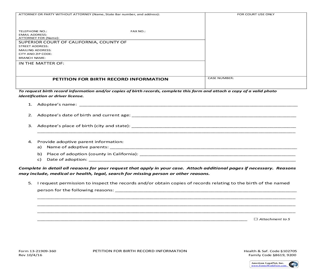 Petition For Birth Record Information {13-21909-360} | Pdf Fpdf Doc Docx | California