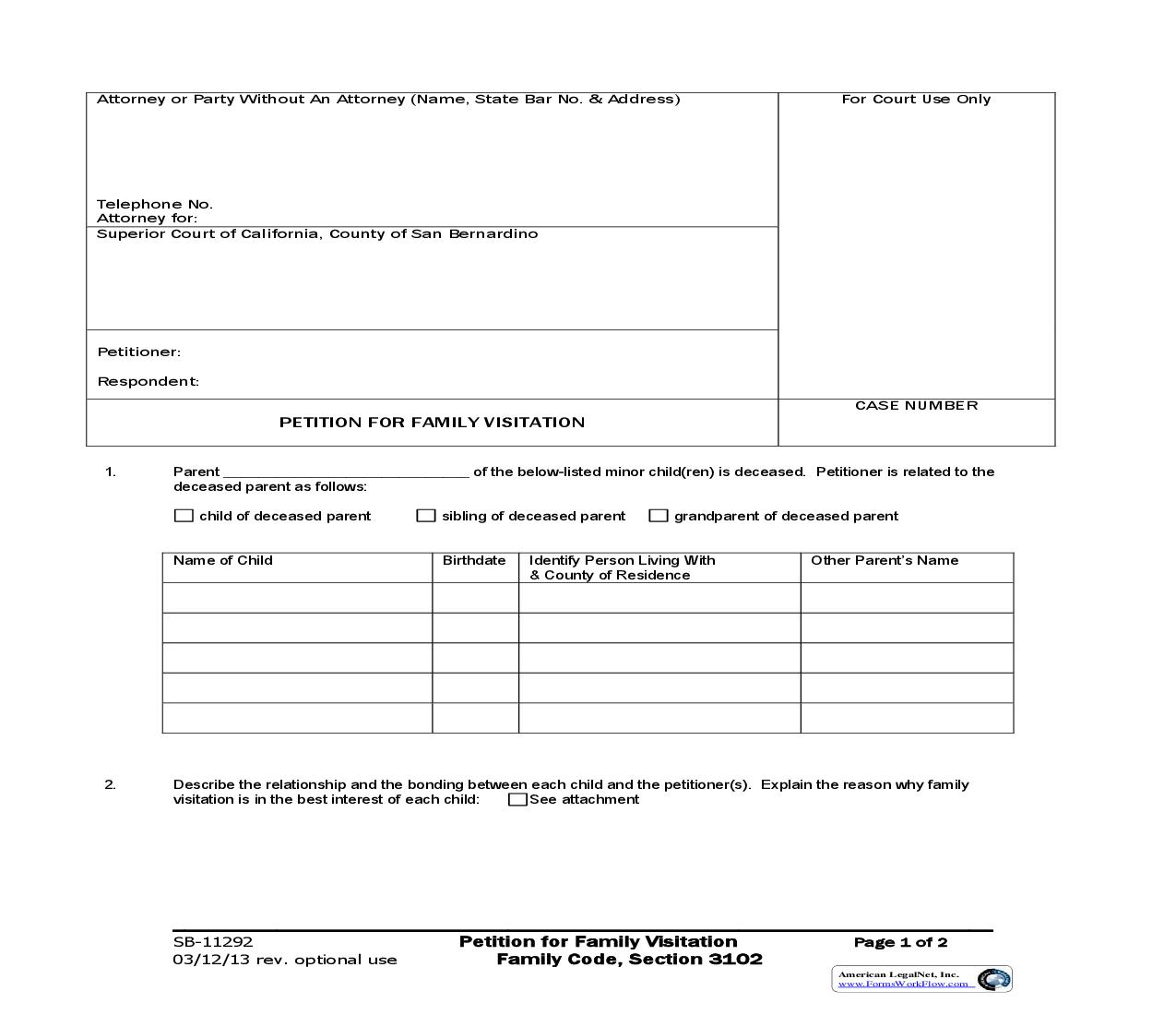 Petition For Family Visitation {SB-11292} | Pdf Fpdf Doc Docx | California