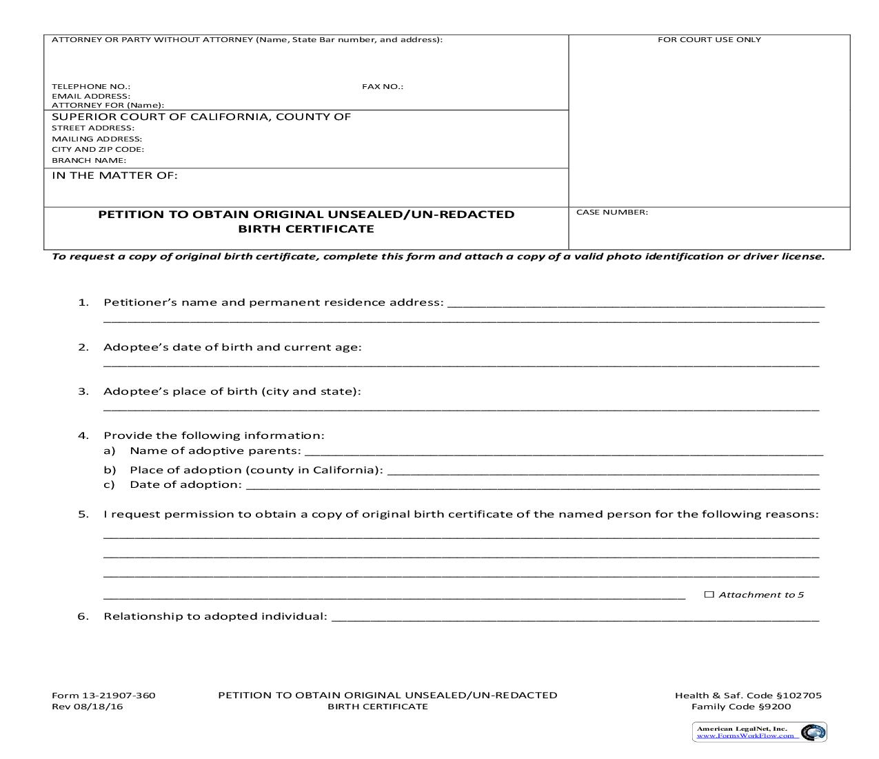 Petition To Obtain Original Unsealed Un-Redacted Birth Certificate {13-21907-360} | Pdf Fpdf Doc Docx | California