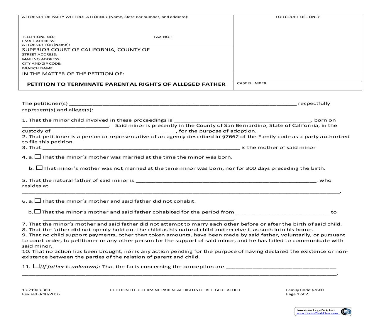 Petition To Terminate Parental Rights Of Alleged Father {13-21903-360} | Pdf Fpdf Doc Docx | California