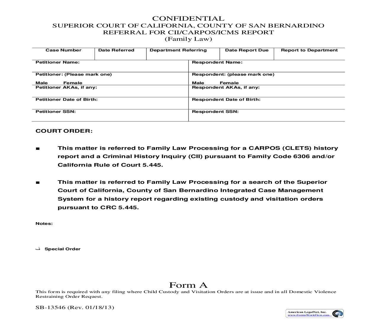 Referral For CII-CARPOS-ICMS Report (Family Law) (Form A) {SB-13546} | Pdf Fpdf Doc Docx | California