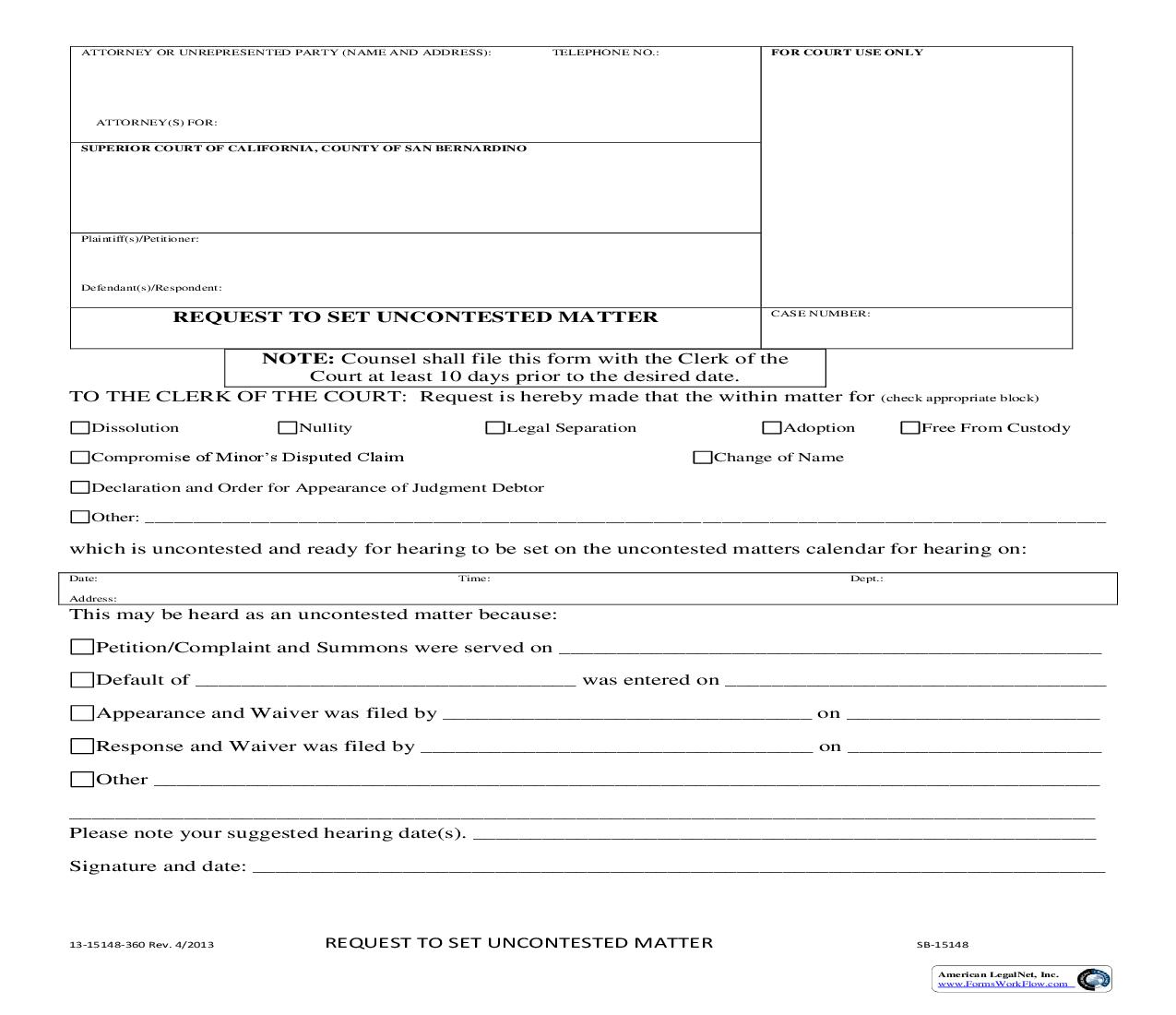 Request To Set Uncontested Matter {SB-15148} | Pdf Fpdf Doc Docx | California