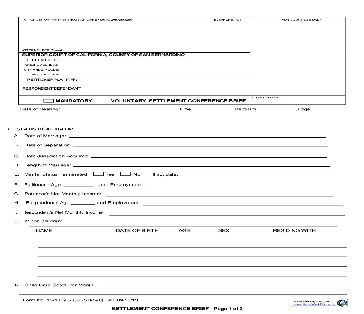 Settlement Conference Brief {SB-598} | Pdf Fpdf Doc Docx | California