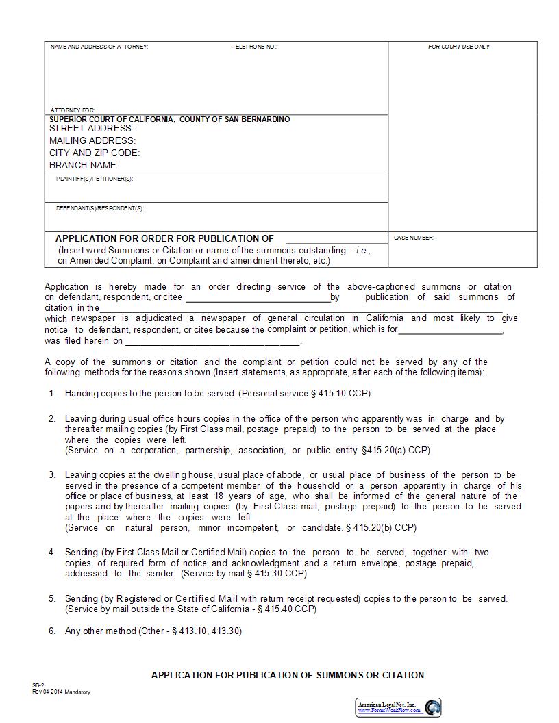 Application For Order For Publication Of Summons Citation {SB-2} | Pdf Fpdf Docx | California