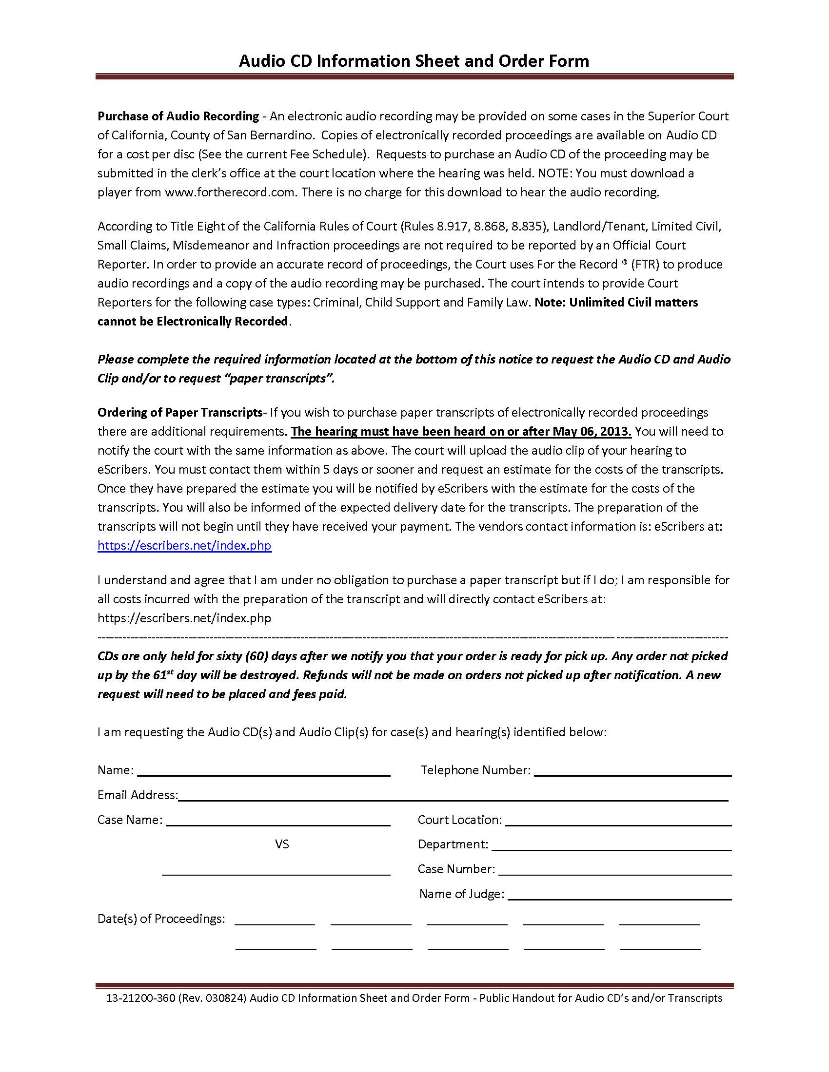 Audio CD Information Sheet And Order Form {13-21200-360} | Pdf Fpdf Docx | California