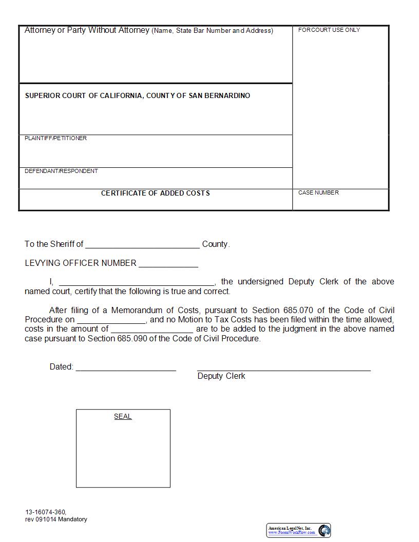 Certificate Of Added Costs {13-16074-360} | Pdf Fpdf Docx | California