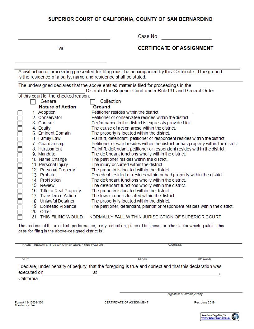 Certificate Of Assignment {13-16503-360} | Pdf Fpdf Docx | California