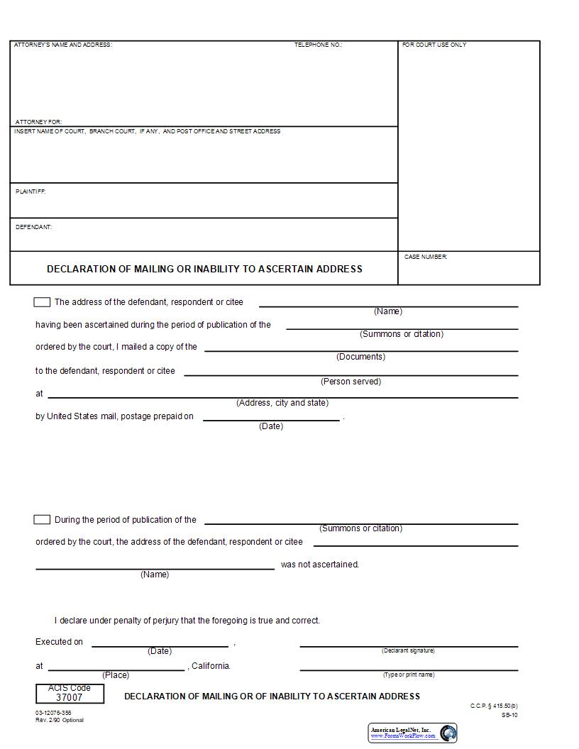 Declaration Of Mailing Or Of Inability To Ascertain Address {SB-10} | Pdf Fpdf Docx | California