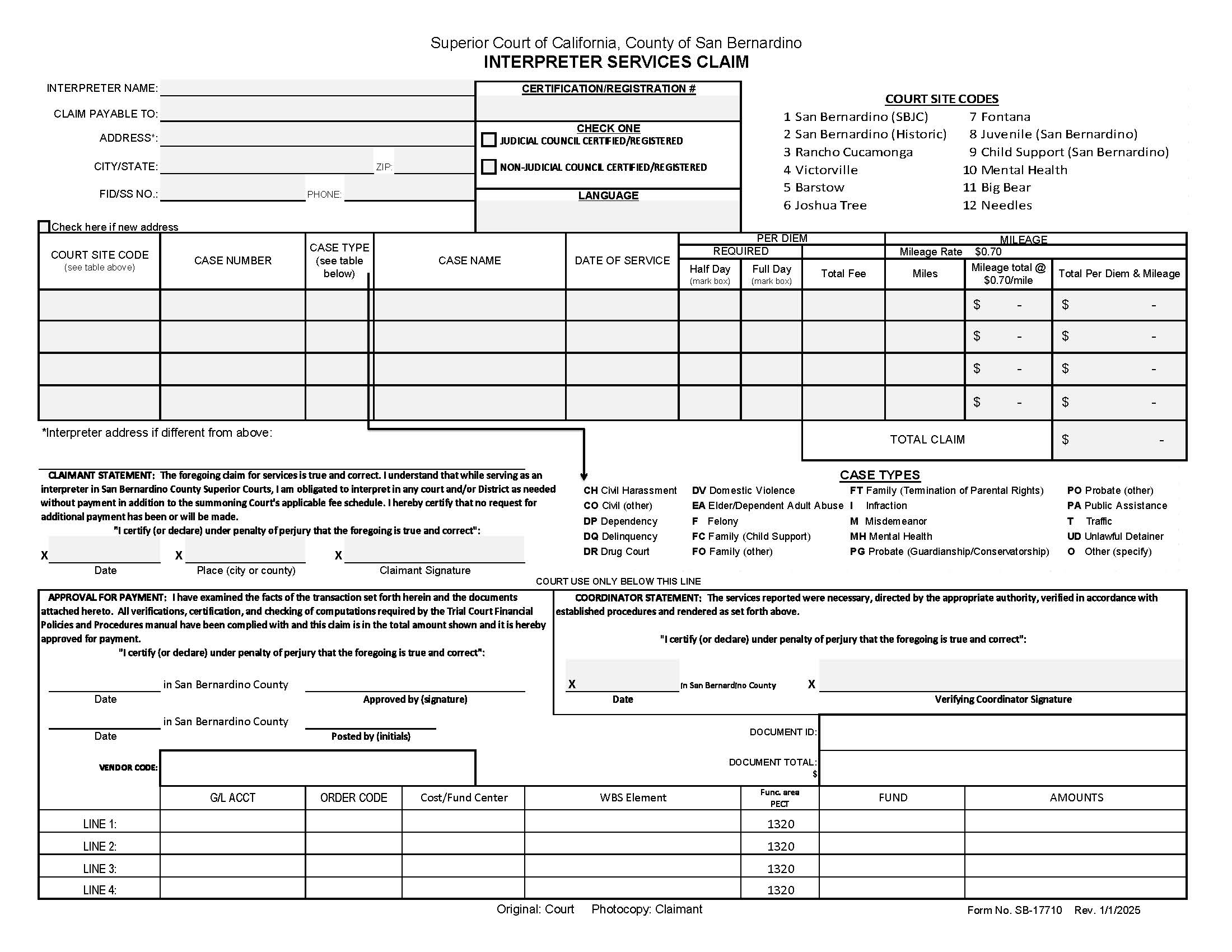 Interpreter Services Claim Form {SB-17710} | Pdf Fpdf Docx | California
