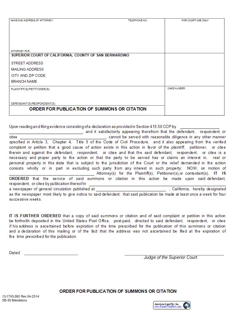 Order For Publication Of Summons Or Citation {SB-30} | Pdf Fpdf Docx | California