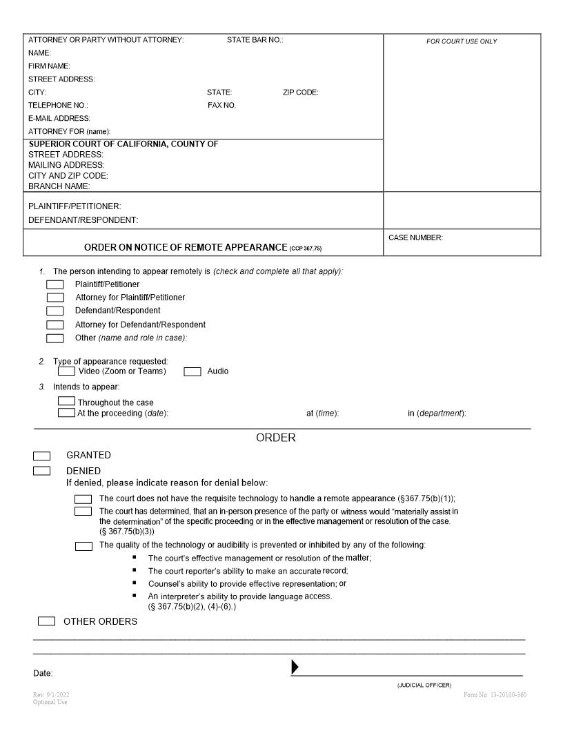Order On Notice Of Remote Appearance {13-20100-360} | Pdf Fpdf Docx | California