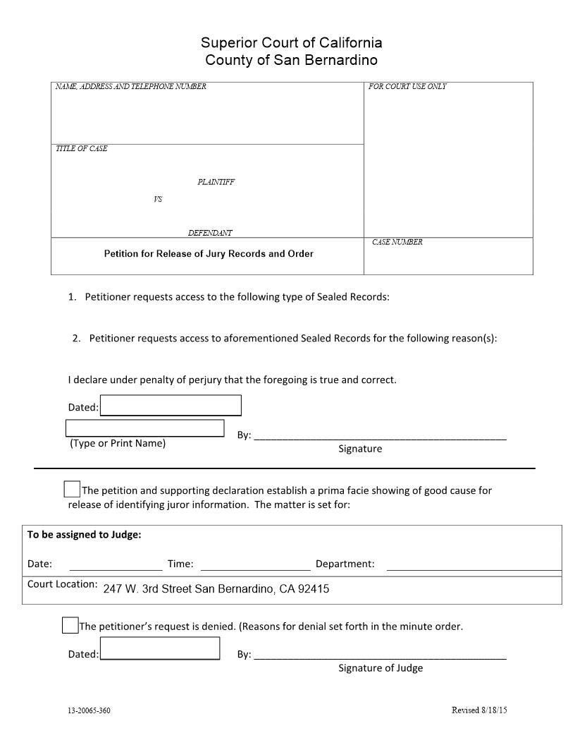 Petition For Release Of Jury Records And Order {13-20065-360} | Pdf Fpdf Docx | California