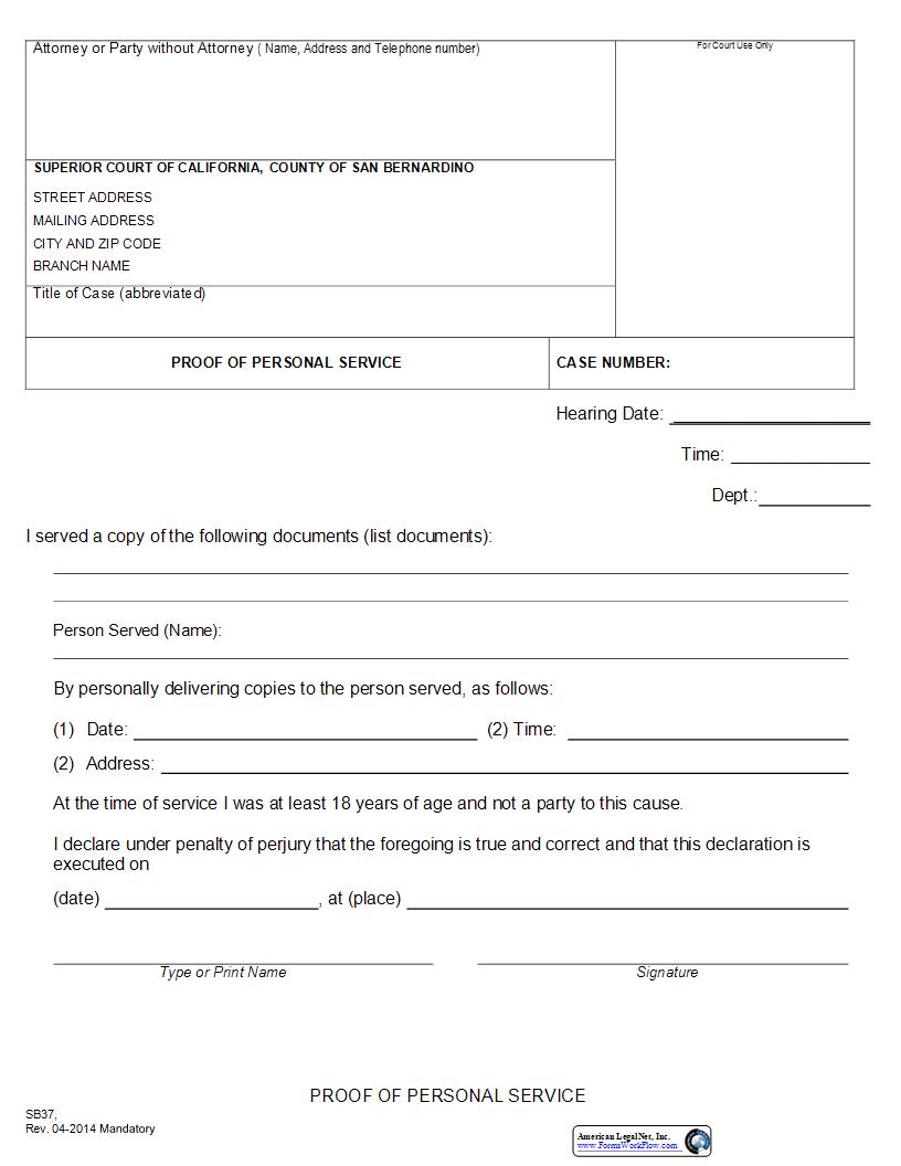 Proof Of Personal Service And Proof Of Service By Mail {SB-37} | Pdf Fpdf Docx | California
