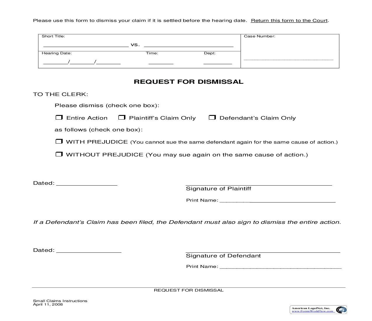 Request For Dismissal (Small Claims Cases) | Pdf Fpdf Doc Docx | California