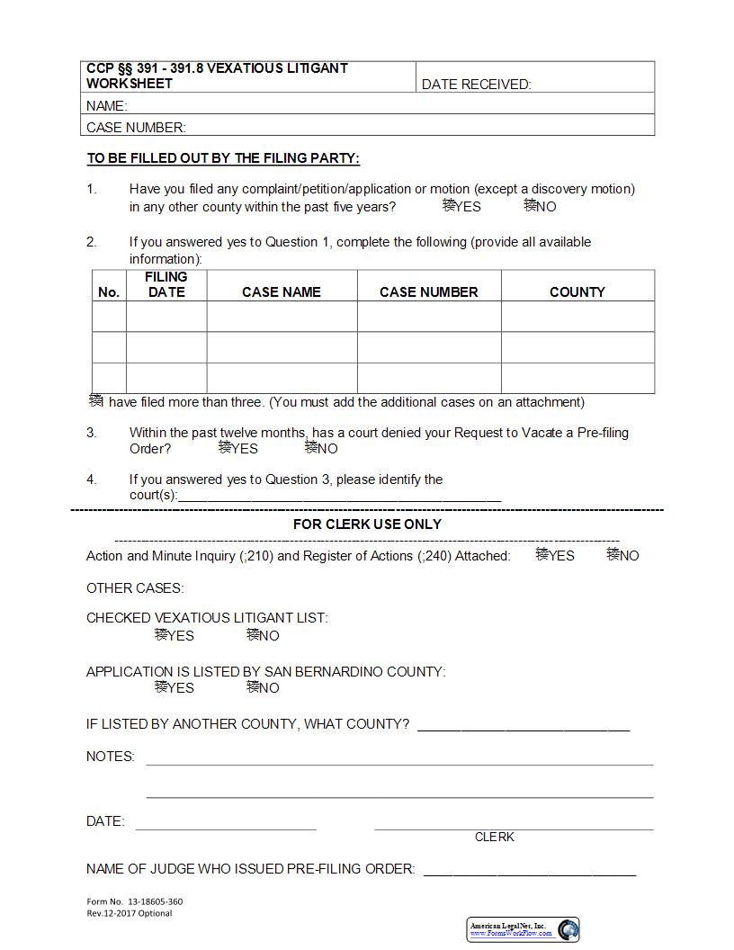 Vexatious Litigant Worksheet {13-18605-360} | Pdf Fpdf Docx | California