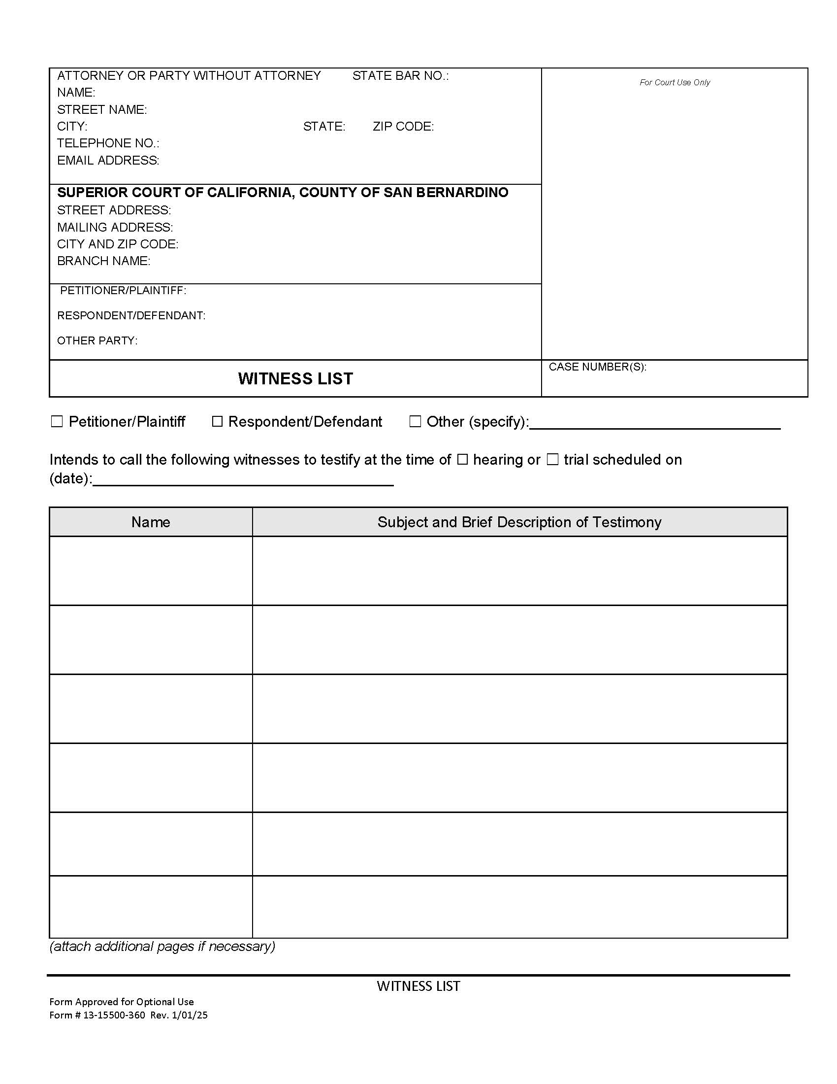 Witness List {13-15500-360} | Pdf Fpdf Docx | California