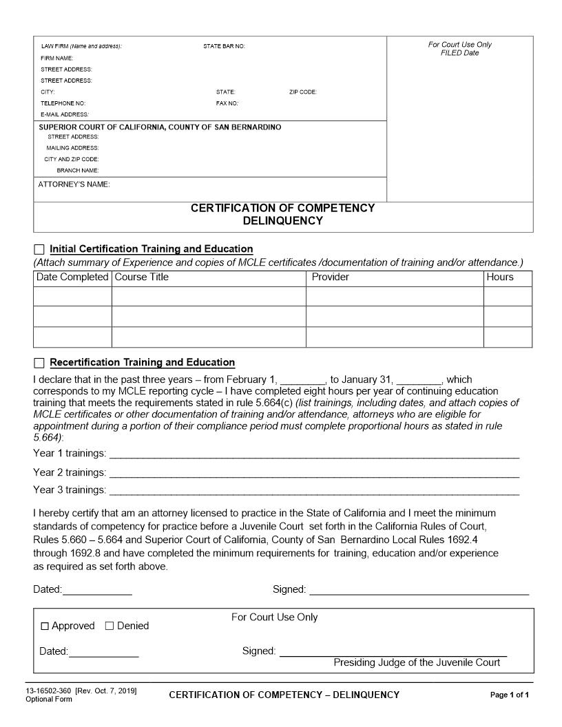 Certification Of Competency (Delinquency) {13-16502-360} | Pdf Fpdf Docx | California