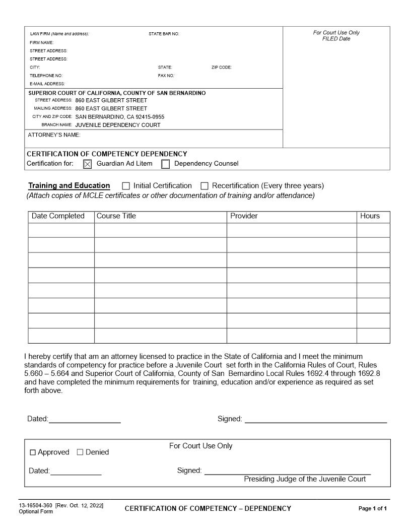 Certification Of Competency (Dependency) {13-16504-360} | Pdf Fpdf Docx | California