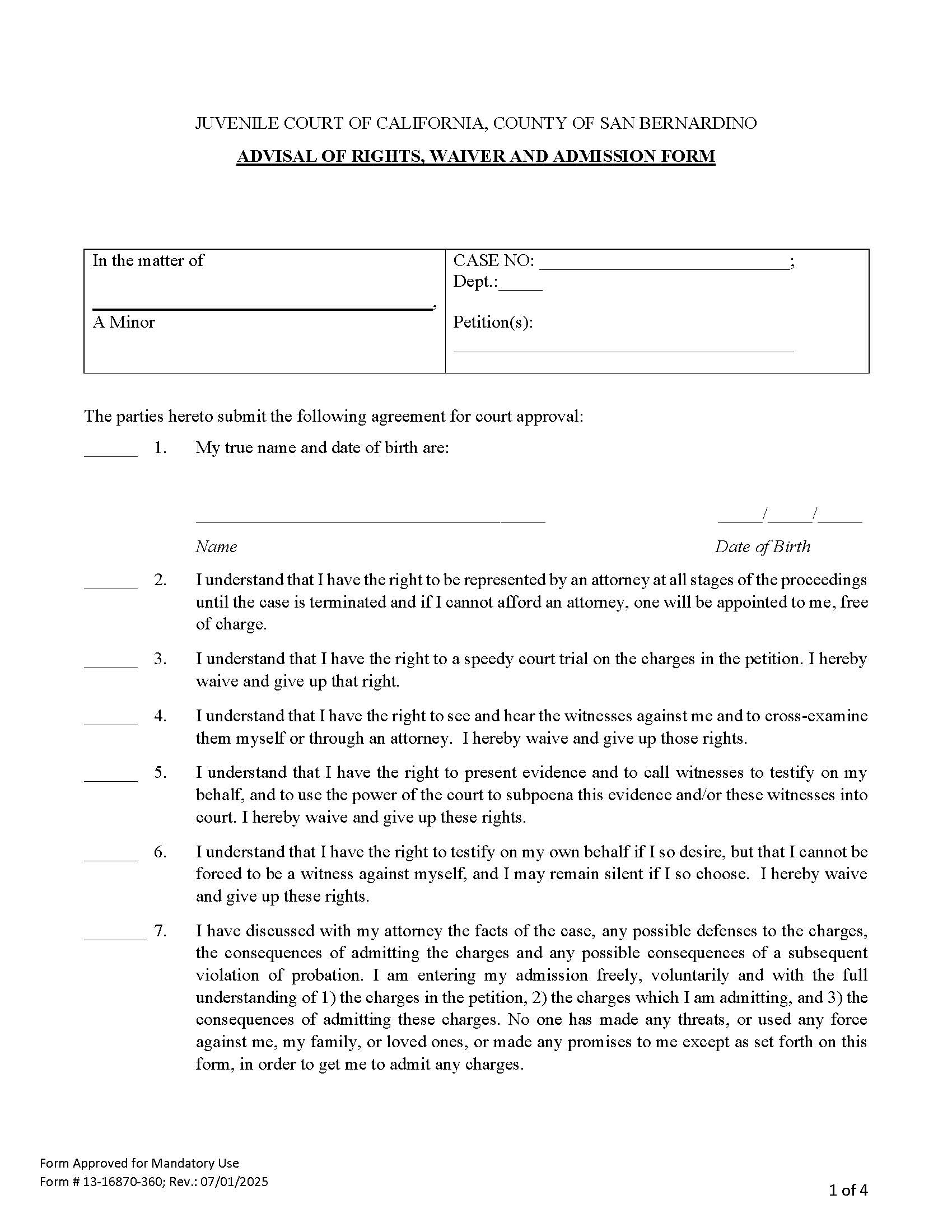 Juvenile Advisal Of Rights {13-16870-360} | Pdf Fpdf Docx | California