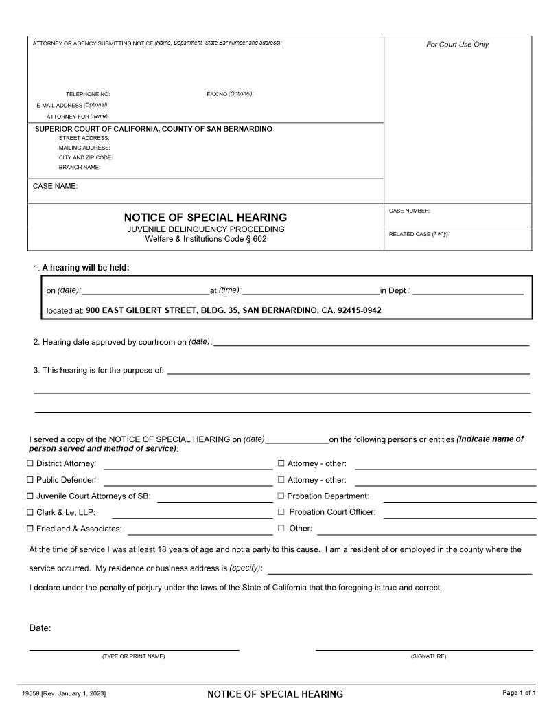Notice Of Special Hearing (Delinquency) {19558} | Pdf Fpdf Docx | California