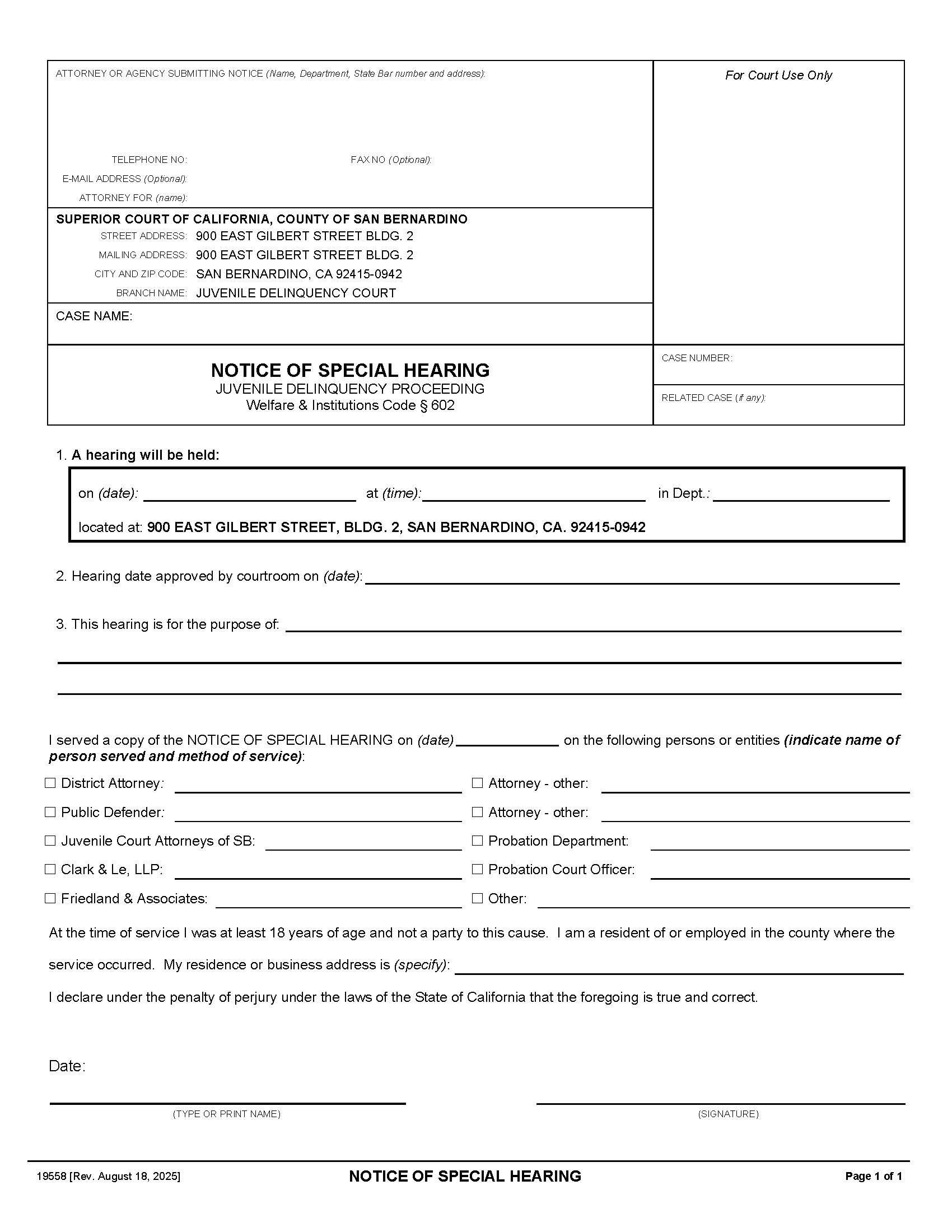 Notice Of Special Hearing (Delinquency) {19558} | Pdf Fpdf Docx | California