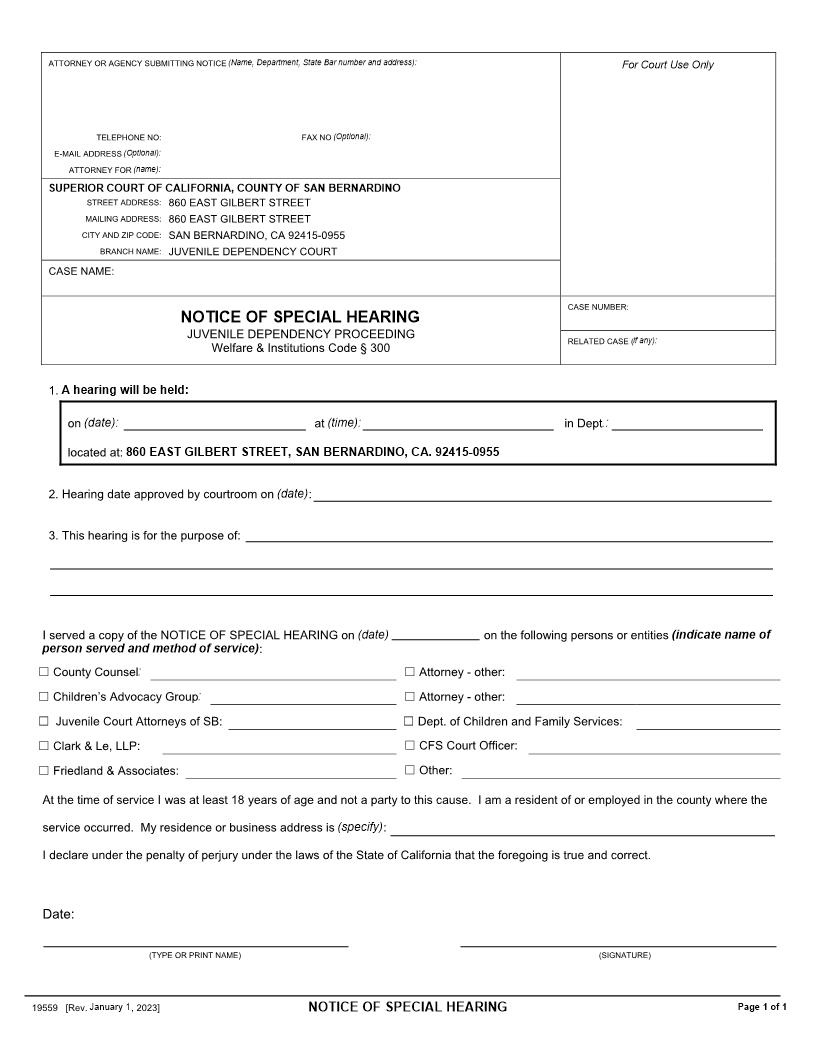 Notice Of Special Hearing (Dependency) {19559} | Pdf Fpdf Docx | California