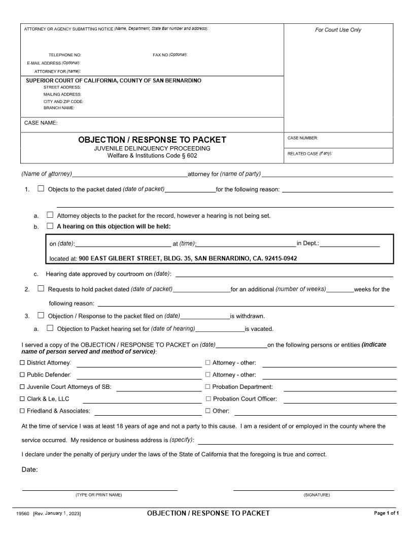 Objection-Response To Packet (Delinquency) {19560} | Pdf Fpdf Docx | California