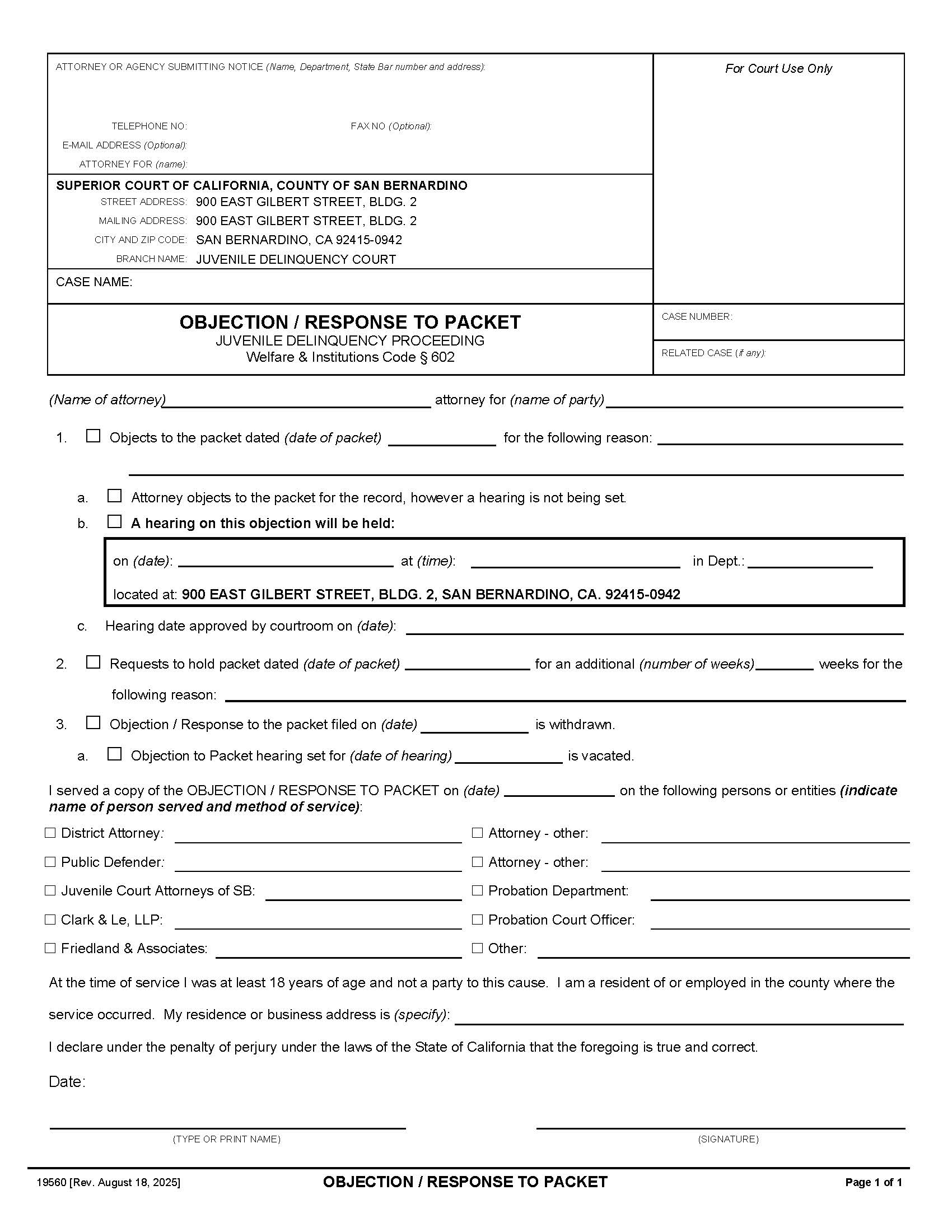 Objection-Response To Packet (Delinquency) {19560} | Pdf Fpdf Docx | California