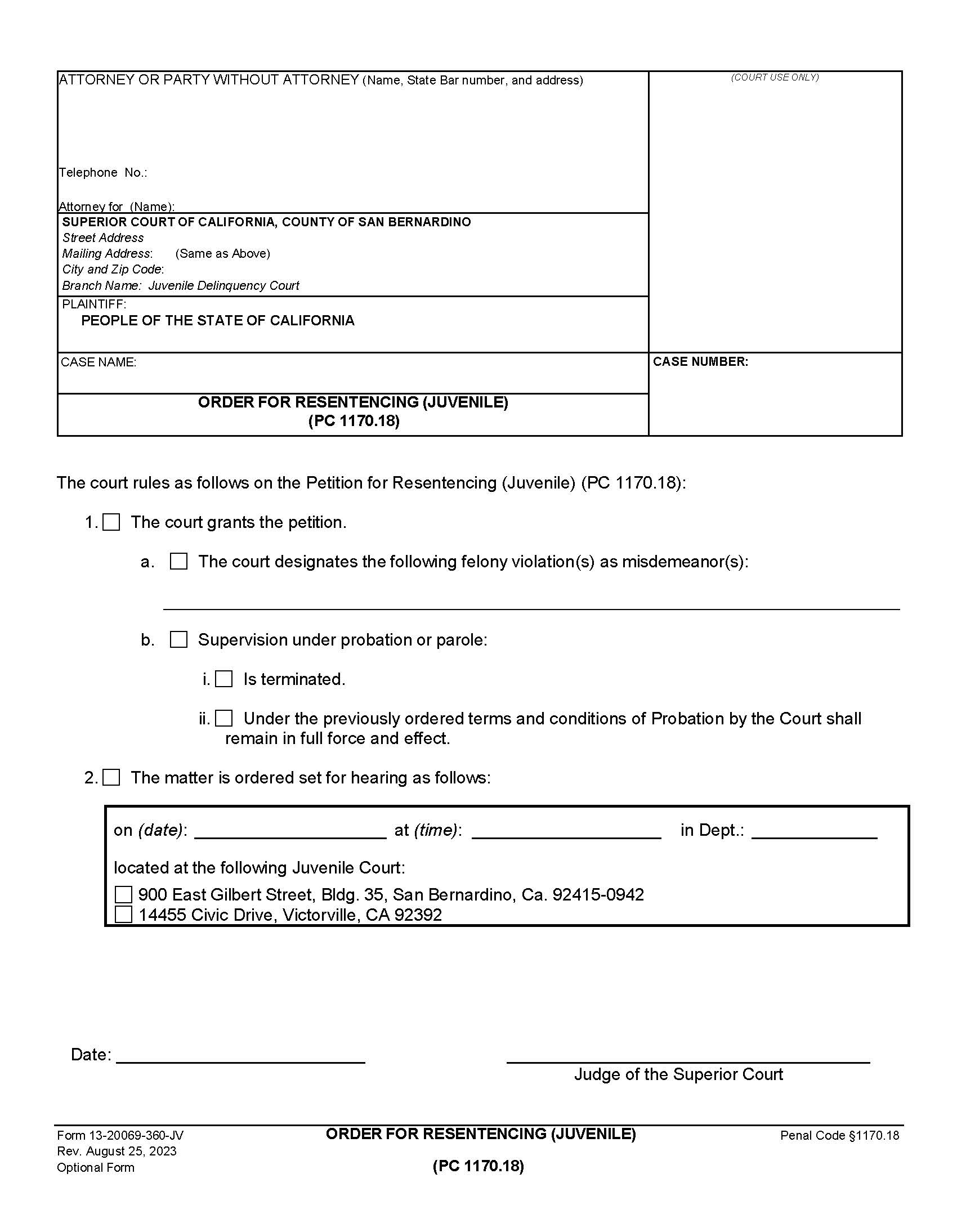 Order For Resentencing (Juvenile) {13-20069-360-JV} | Pdf Fpdf Docx | California