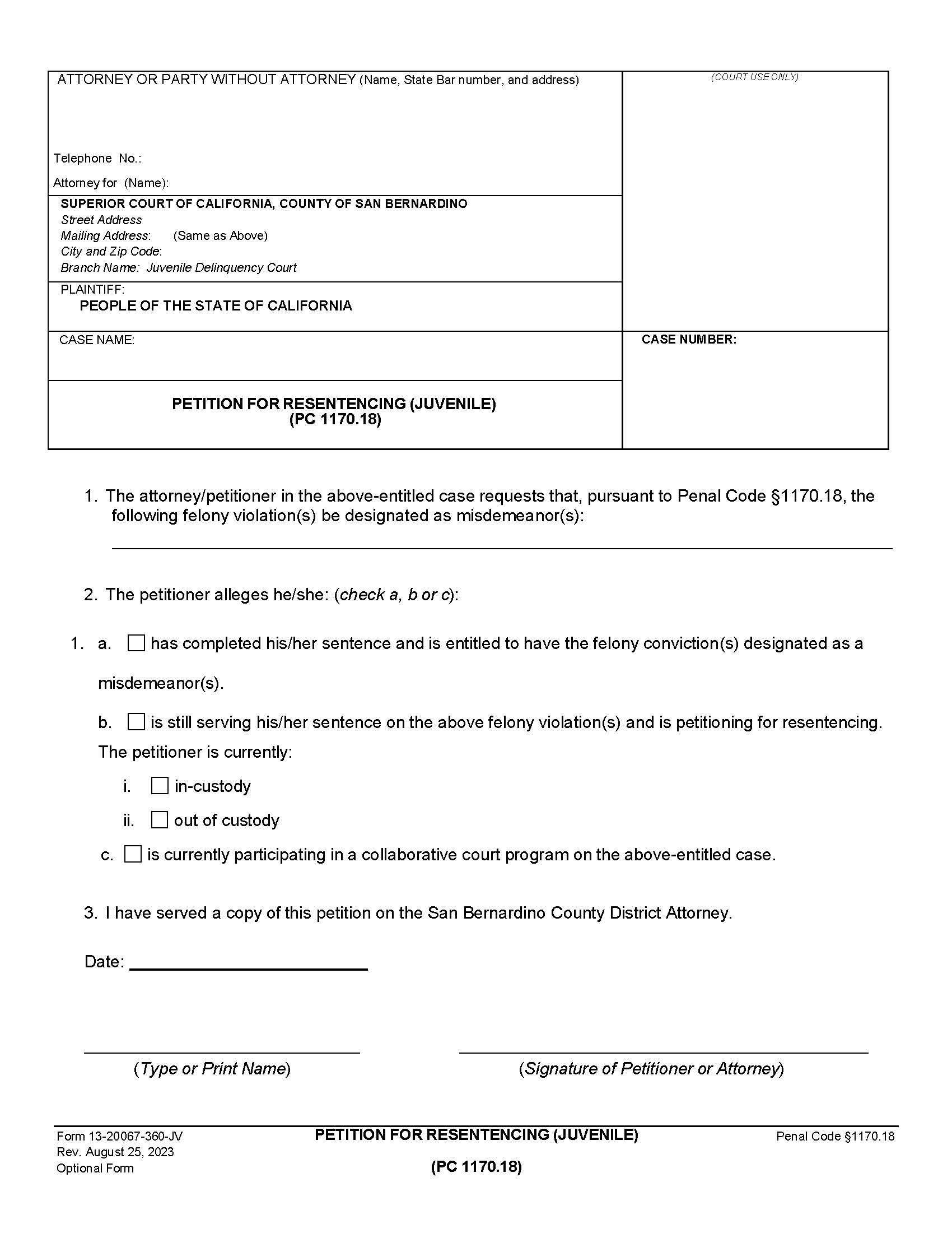 Petition For Resentencing (Juvenile) {13-20067-360-JV} | Pdf Fpdf Docx | California