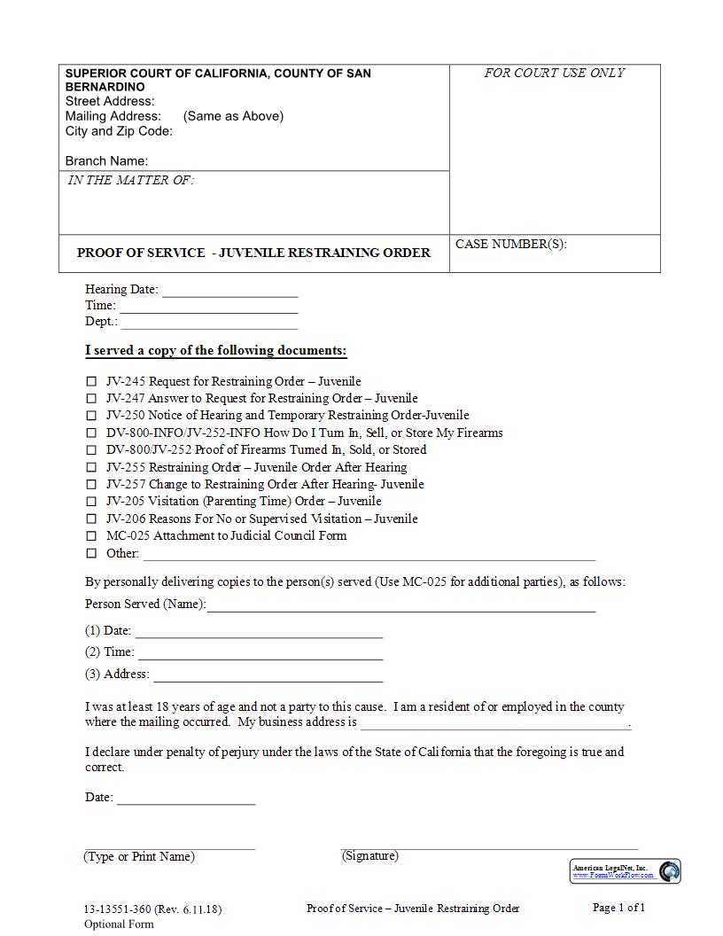 Proof Of Service-Juvenile Restraining Order {13-13551-360} | Pdf Fpdf Docx | California