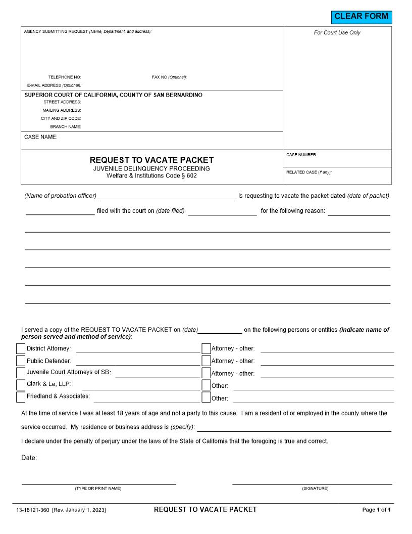 Request To Vacate Packet (Delinquency) {13-18121-360} | Pdf Fpdf Docx | California