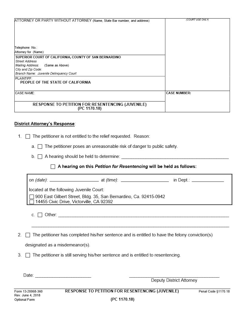 Response To Petition For Resentencing (Juvenile) {13-20068-360} | Pdf Fpdf Docx | California