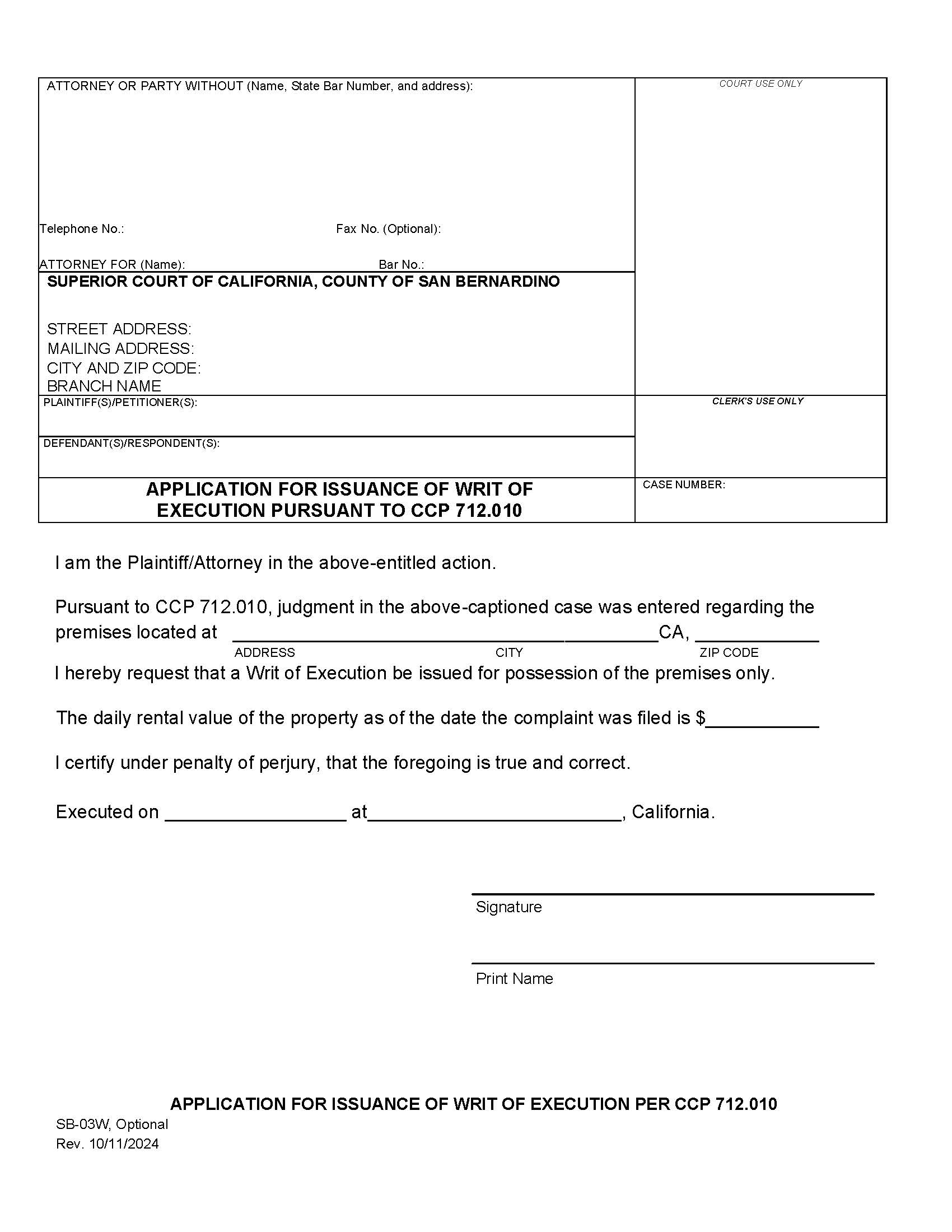 Application For Issuance Of Writ Of Execution Pursuant To CCP 712010 {SB-03W} | Pdf Fpdf Doc Docx | California