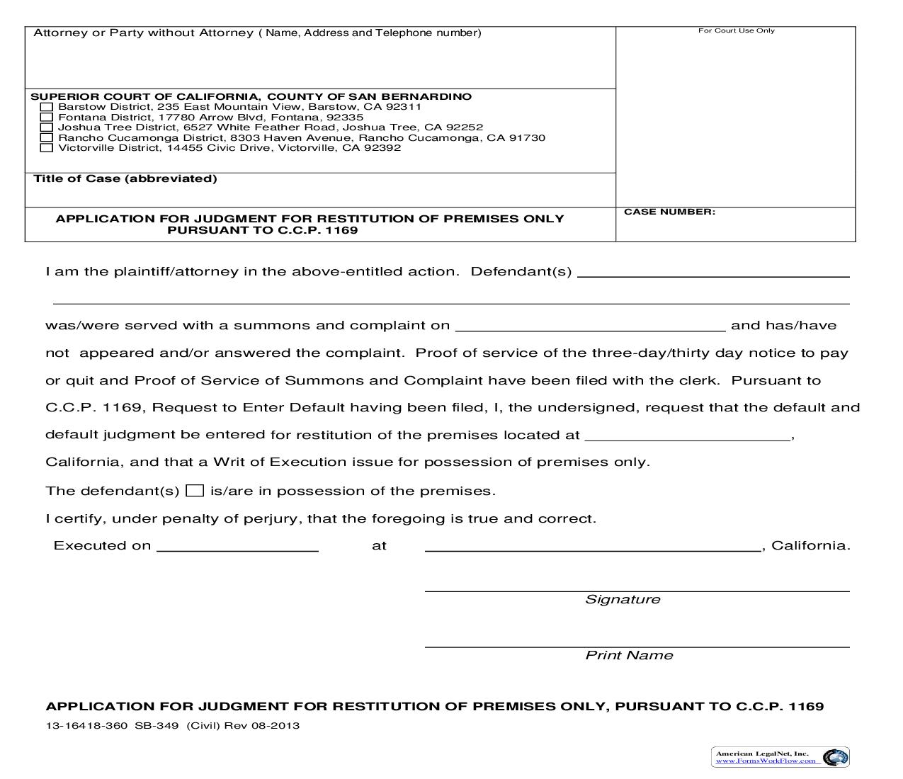 Application For Judgment For Restitution Of Premises Only Pursuant To CCP 1169 {SB-349} | Pdf Fpdf Doc Docx | California