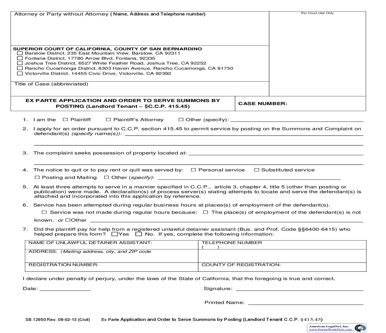 Ex Parte Application And Order To Serve Summons By Posting {SB-12950} | Pdf Fpdf Doc Docx | California
