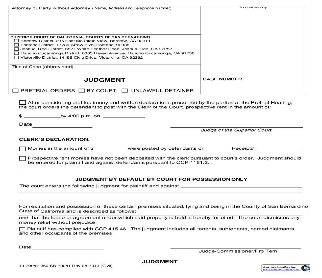 Pretrial Orders Judgment By Court Unlawful Detainer {SB-20041} | Pdf Fpdf Doc Docx | California