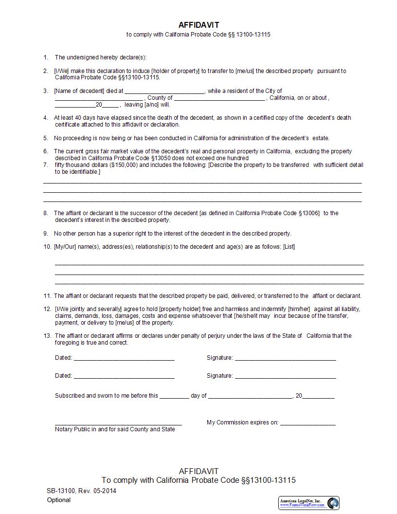 Affidavit To Comply With California Probate Code 13100-13115 {SB-13100} | Pdf Fpdf Docx | California