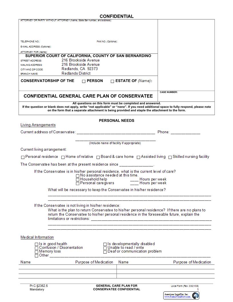 Confidential General Care Plan Of Conservatee {SB-10120} | Pdf Fpdf Docx | California