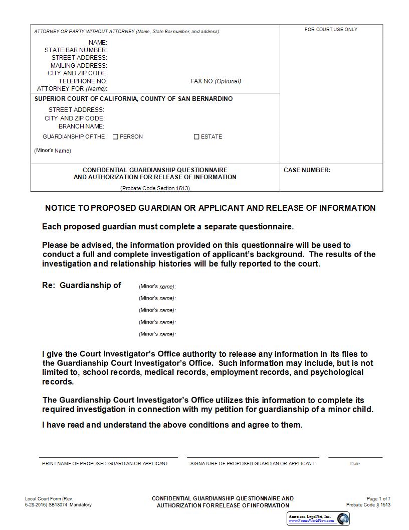 Confidential Guardianship Questionnaire And Authorization For Release Of Information {SB-18074} | Pdf Fpdf Docx | California