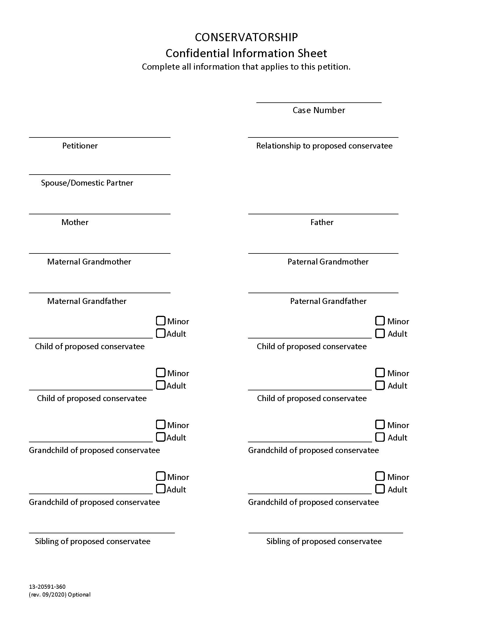 Confidential Information Sheet-Conservatorship {13-20591-360} | Pdf Fpdf Docx | California