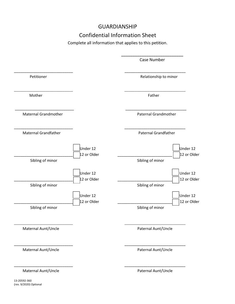 Confidential Information Sheet-Guardianship {13-20592-360} | Pdf Fpdf Docx | California