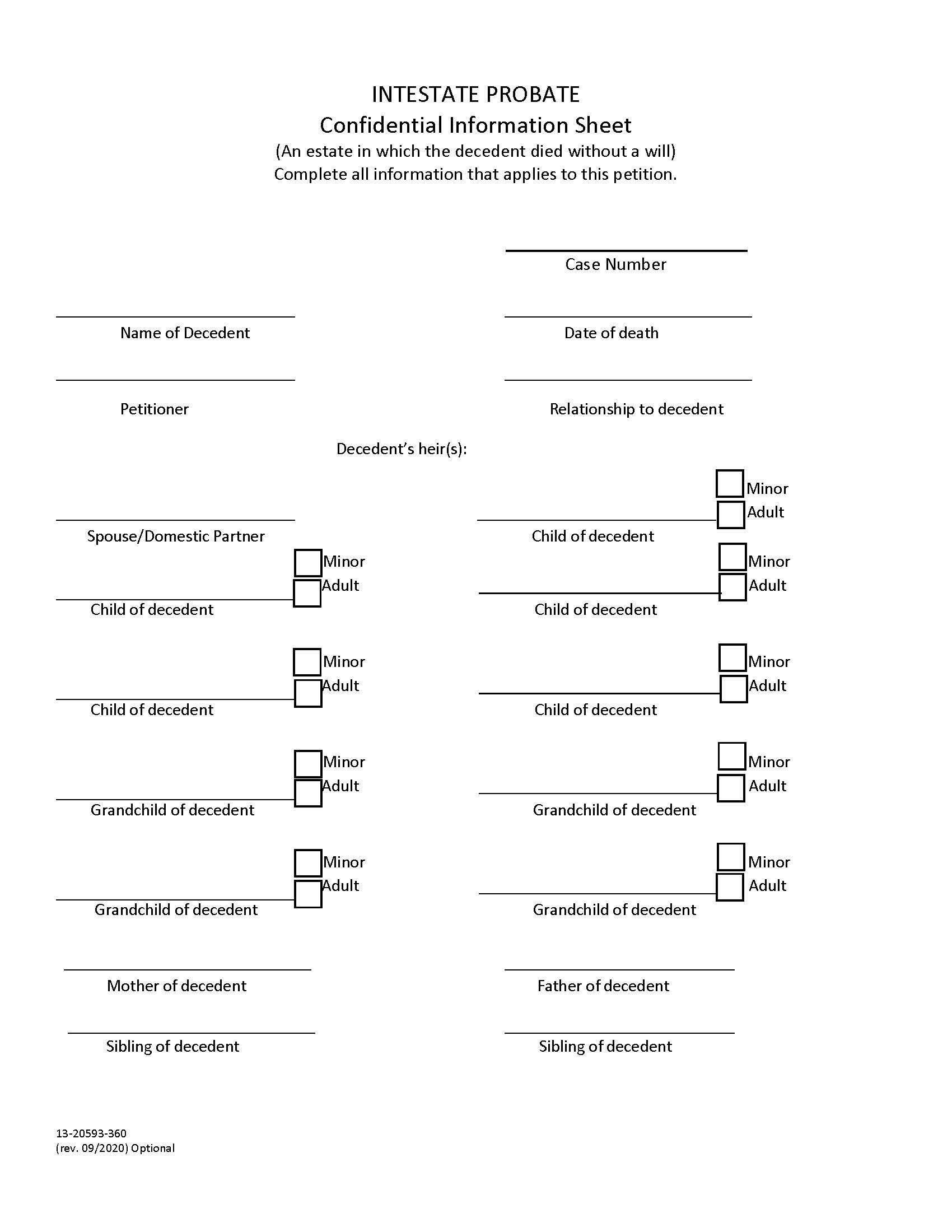 Confidential Information Sheet-Intestate Probate {13-20593-360} | Pdf Fpdf Docx | California