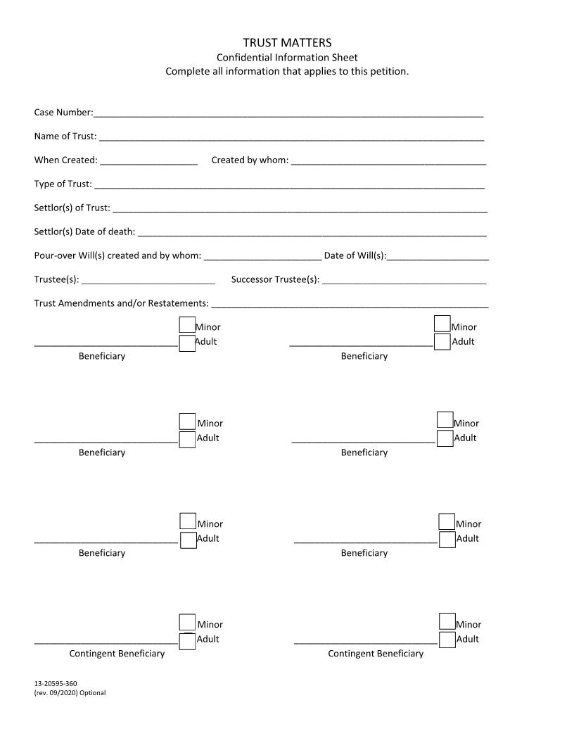 Confidential Information Sheet-Trust Matters {13-20595-360} | Pdf Fpdf Docx | California