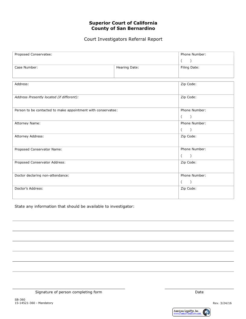 Court Investigators Referral Report {SB-360} | Pdf Fpdf Docx | California