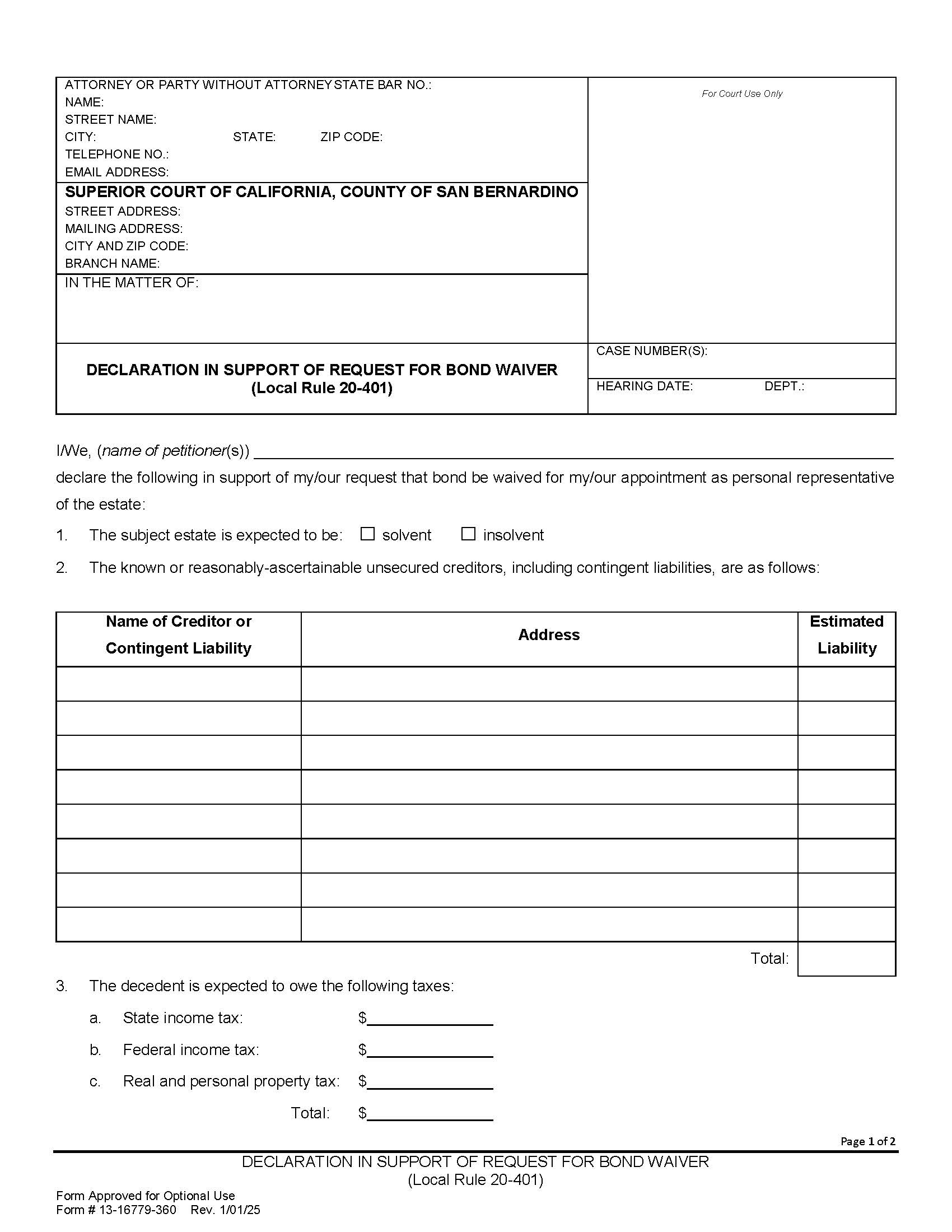 Declaration In Support Of Request For Bond Waiver {13-16779-360} | Pdf Fpdf Docx | California