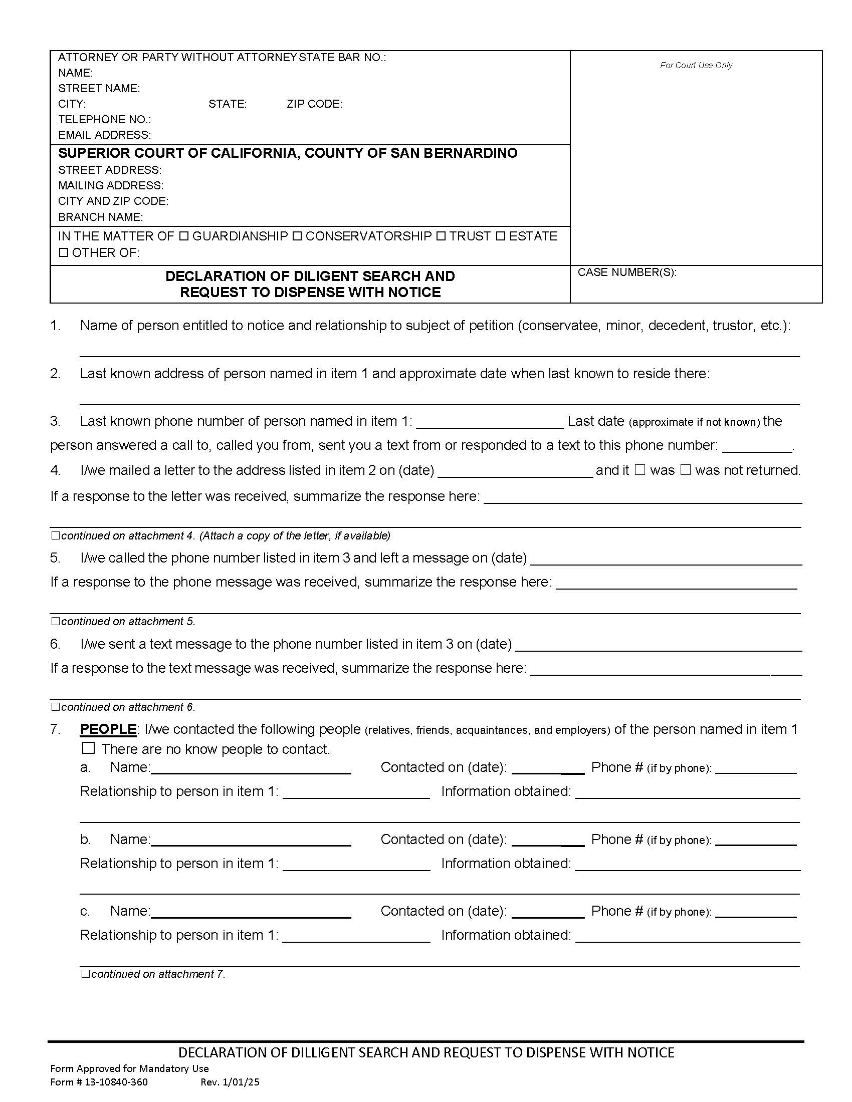 Declaration Of Diligent Search And Request To Dispense With Notice {13-10840-360} | Pdf Fpdf Docx | California