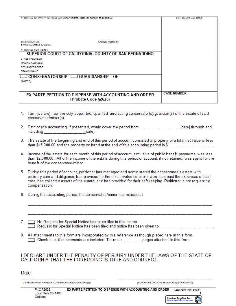Ex Parte Petition To Dispense With Accounting And Order {SB-2628} | Pdf Fpdf Docx | California